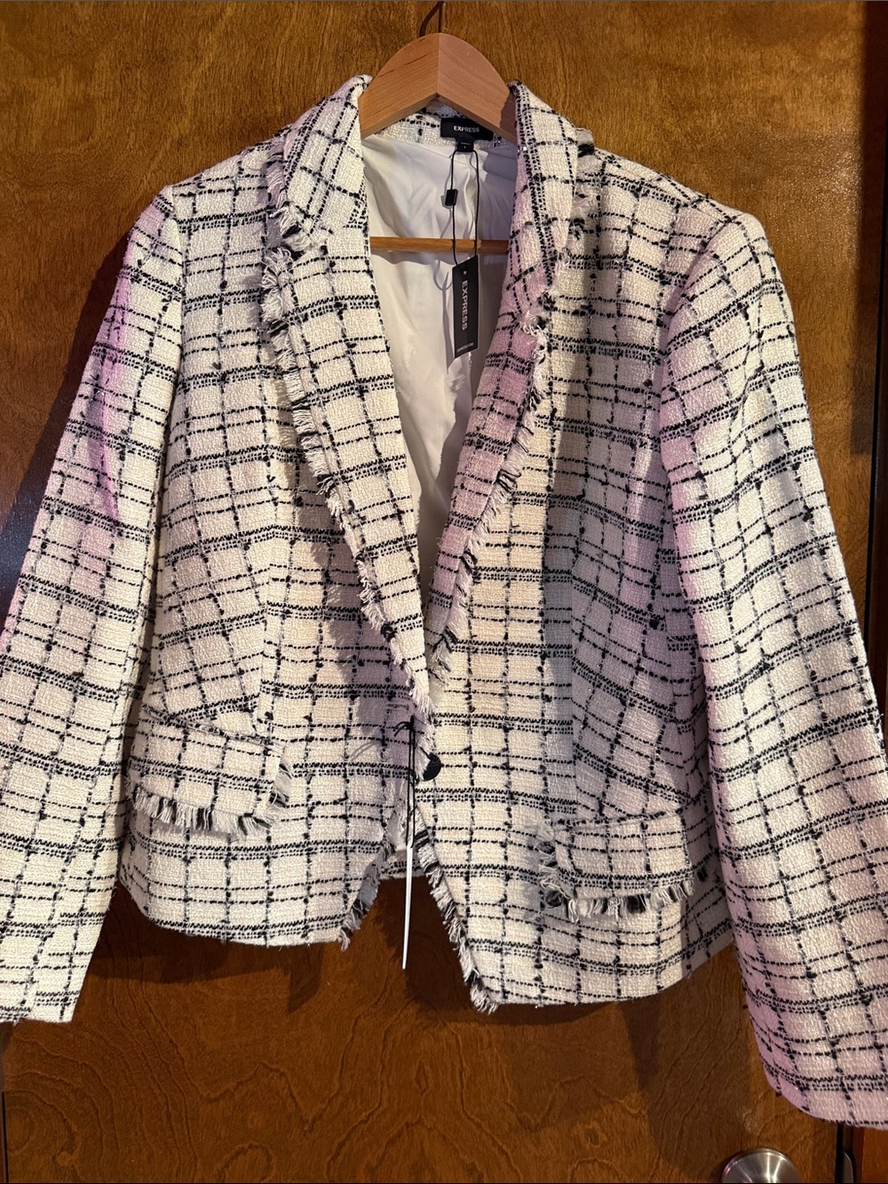 Express Black & White Tweed Fringe Blazer